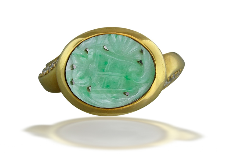 Image of Art Nouveau Gold Bright Vibrant Natural Color Deep Candy Apple Green Jadeite Burma Carved Jade Cabochon Ring Flanked with Round Diamonds