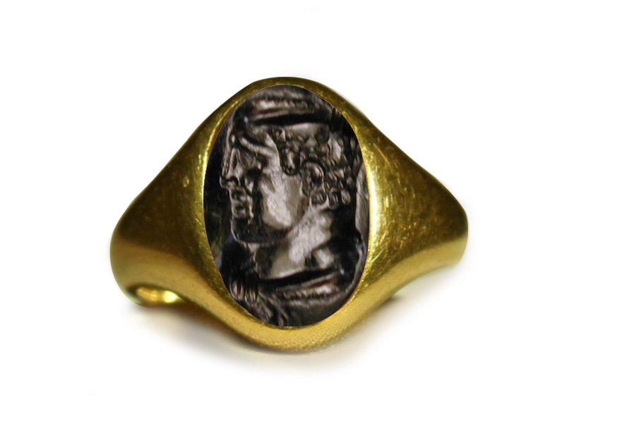 roman black chrome chalcedony intaglio gold roman ring depicting hercules strangled two snakes in his cot to fine bearded portraits in signet ring gold mount