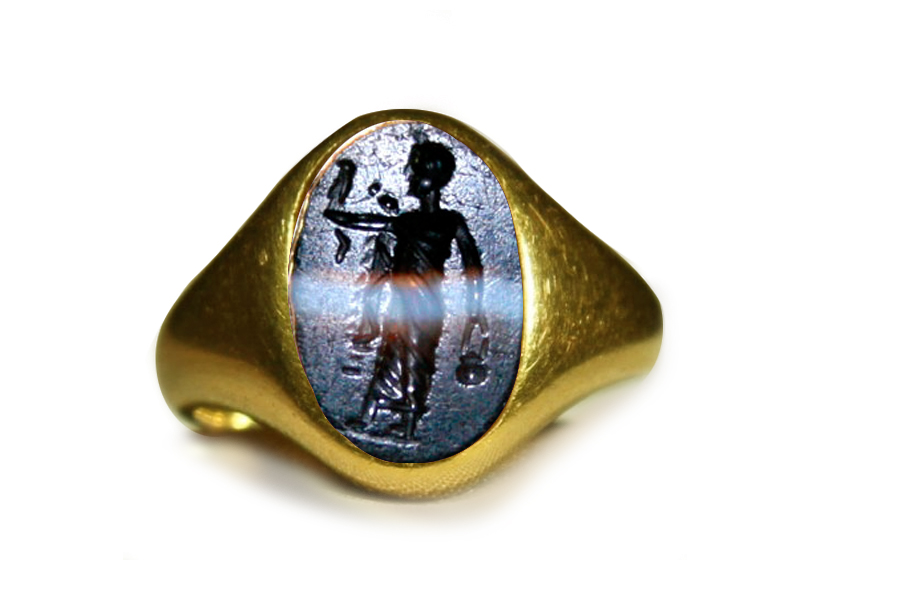 roman blue agate intaglio gold roman ring depicting a head of a roman emperor set in signet ring gold mount